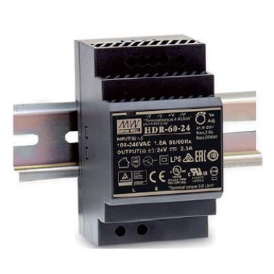 MEAN WELL HDR-60 60W Industrial DIN Rail Power Supply, 24V Out